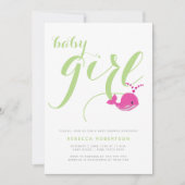 Invitation Jolie baleine vert typographie bébé fille douche (Devant)