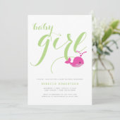 Invitation Jolie baleine vert typographie bébé fille douche (Debout devant)