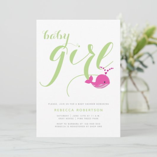 Invitation Jolie baleine vert typographie bébé fille douche (Debout devant)