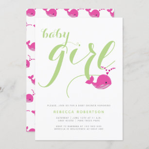 Invitation Jolie baleine vert typographie bébé fille douche