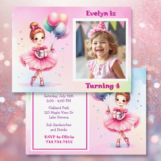 Invitation Jolie Ballerina rose Fête d'Anniversaire