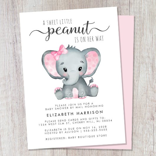Invitation Jolie bébé éléphant fille douche par courrier