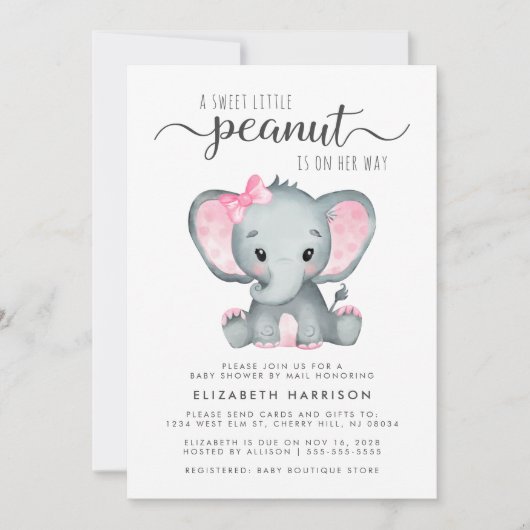 Invitation Jolie bébé éléphant fille douche par courrier (Devant)