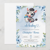 Invitation Jolie bébé zèbre aquarelle bleu vert fleuri (Devant / Derrière)