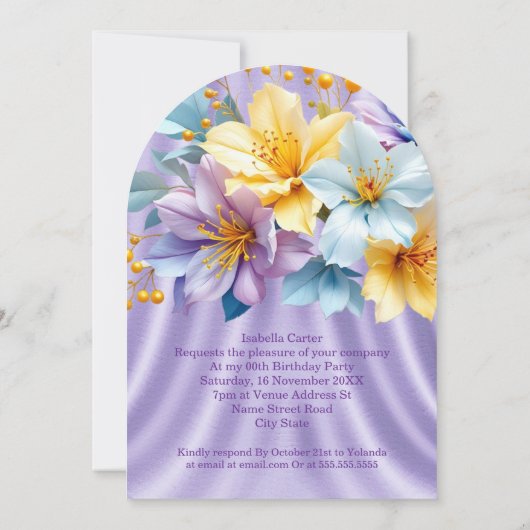 Invitation Jolie Bleu Violet Fleurs Jaunes Anniversaire (Dos)