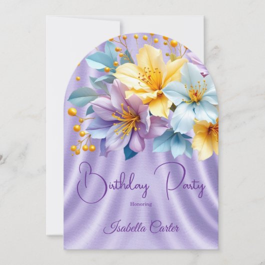 Invitation Jolie Bleu Violet Fleurs Jaunes Anniversaire (Devant)