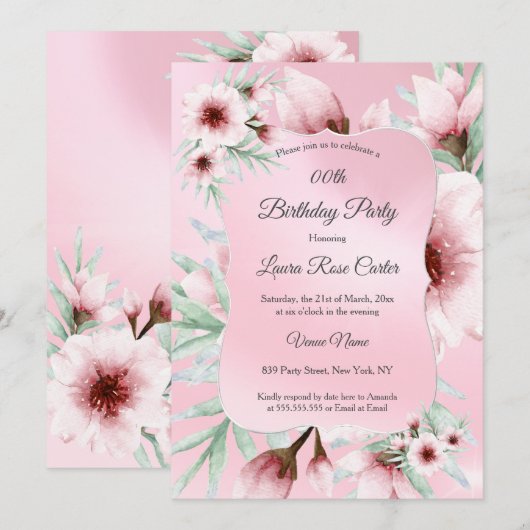 Invitation Jolie Blush rose floral Argent fête d'anniversaire (Devant / Derrière)