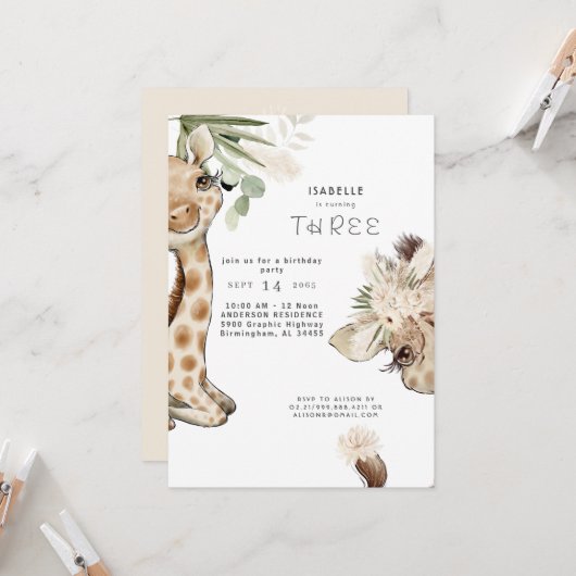 Invitation Jolie Boho Bébé Girafe Pampas Fête d'Anniversaire  (Devant/Arrière en situation)