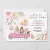 Invitation Jolie boisée rose Une fille 1er anniversaire (Devant)