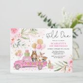 Invitation Jolie boisée rose Une fille 1er anniversaire (Debout devant)