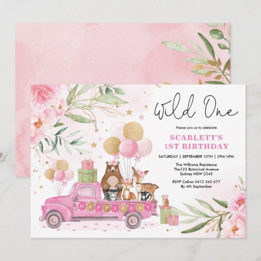 Invitation Jolie boisée rose Une fille 1er anniversaire (Devant / Derrière)