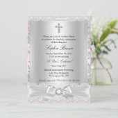 Invitation Jolie Bow Croix première communion pourpre (Debout devant)