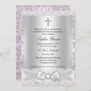 Invitation Jolie Bow Croix première communion pourpre