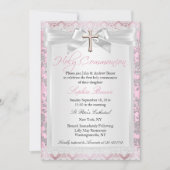 Invitation Jolie Bow Croix première communion rose (Devant)
