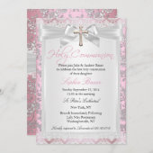 Invitation Jolie Bow Croix première communion rose (Devant / Derrière)