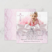Invitation Jolie Bow & Cross Photo Baptême / Christening Rose (Devant / Derrière)