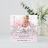 Invitation Jolie Bow & Cross Photo Baptême / Christening Rose (Debout devant)