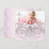 Invitation Jolie Bow & Cross Photo Pink Baptism/Christening (Devant / Derrière)