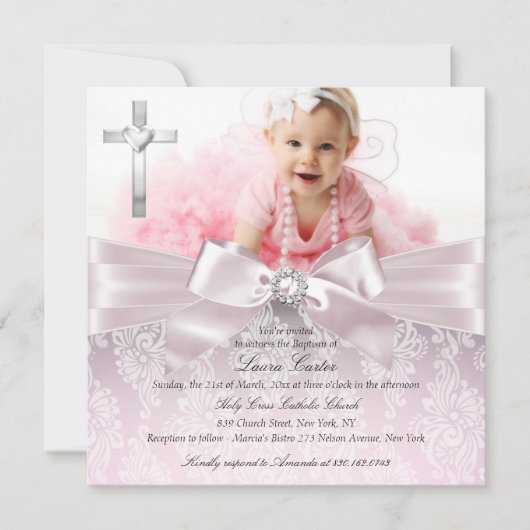 Invitation Jolie Bow & Cross Photo Pink Baptism/Christening (Devant)