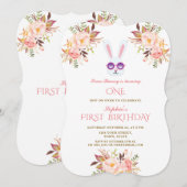 Invitation Jolie Bunny Pink Fleurs Blush Fille 1er anniversai (Devant / Derrière)