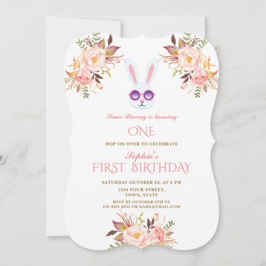 Invitation Jolie Bunny Pink Fleurs Blush Fille 1er anniversai (Devant)