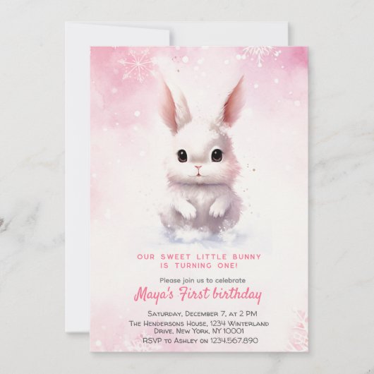 Invitation Jolie Bunny rose hiver Personnalisé fête d'anniver (Devant)