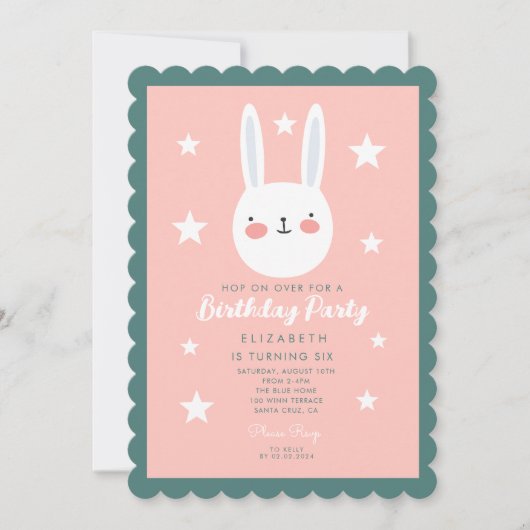 Invitation Jolie Bunny rose vert pourpre Étoiles Anniversaire (Devant)