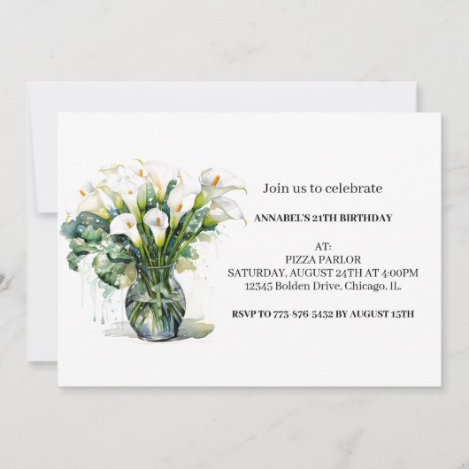 Invitation Jolie Calla Lily Fleurs Anniversaire (Devant)