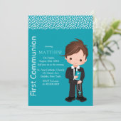 Invitation Jolie Cartoon Catholique Garçon Première Communion (Debout devant)