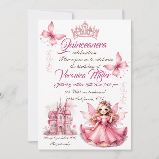 Invitation Jolie casserole rose d'aquarelle girly château fée (Devant)