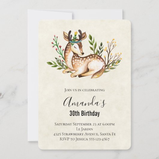 Invitation Jolie cerf à l'aquarelle couché pour anniversaire (Devant)