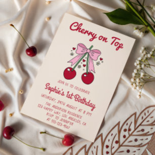 Invitation Jolie Cerise avec un Nœud Rose pour le 1er Anniver