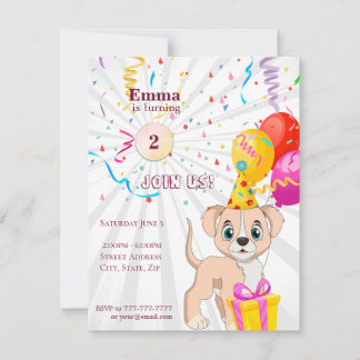 Invitation Jolie chiot Personnalisé Anniversaire Fille