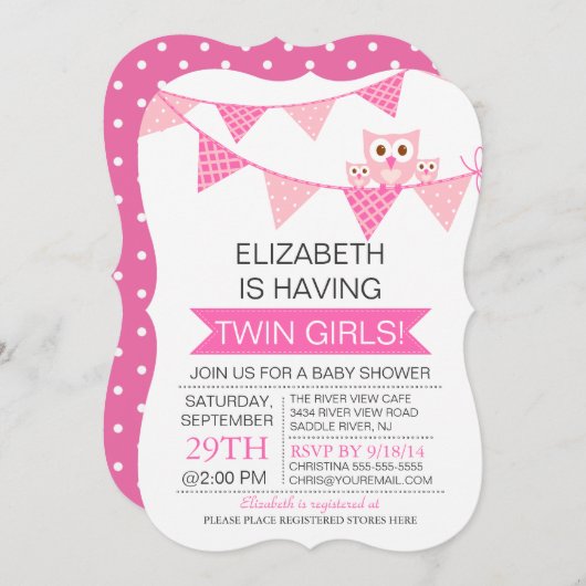 Invitation Jolie chouette chou à bottes roses Baby shower TWI (Devant / Derrière)