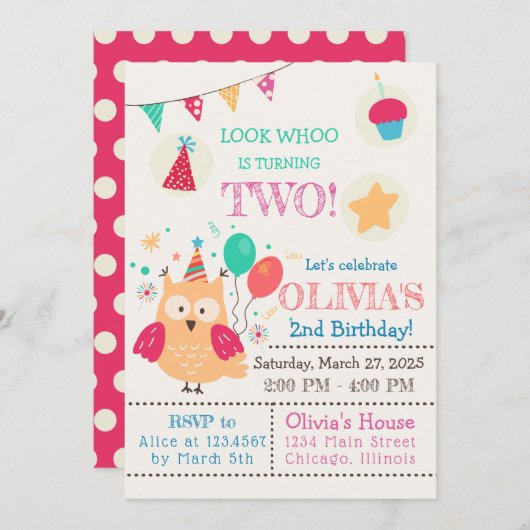 Invitation Jolie chouette colorée fête d'anniversaire (Devant / Derrière)