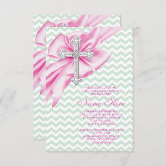Invitation Jolie communion rose et vert Chevron (Devant / Derrière)