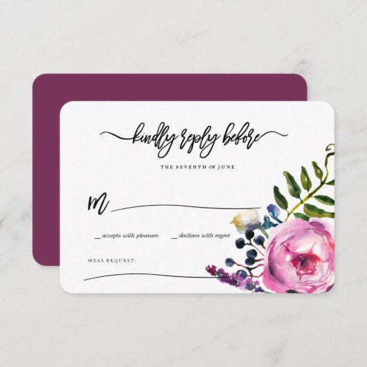 Invitation Jolie couleur violet Fleurs d'aquarelle RSVP (Devant / Derrière)