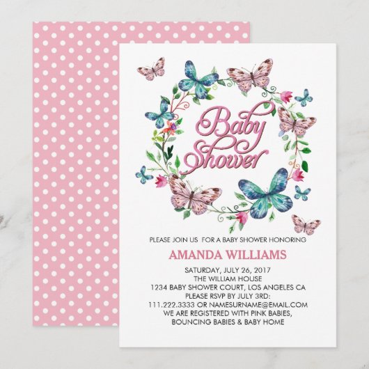 Invitation Jolie couronne de printemps et BABY SHOWER papillo (Devant / Derrière)