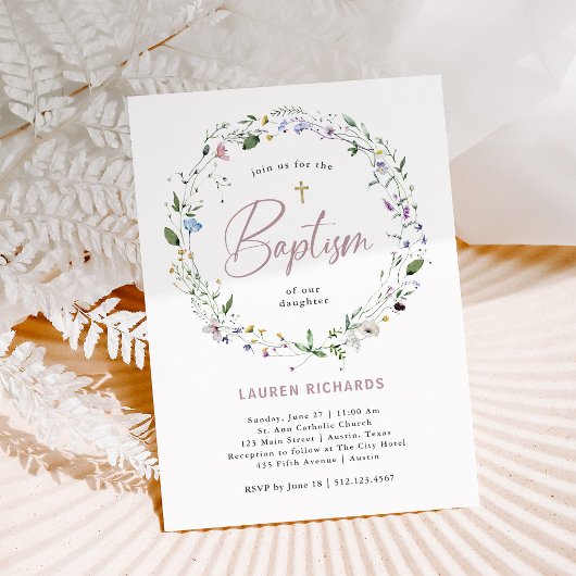 Invitation Jolie couronne et croix Fleurs sauvages | Baptême