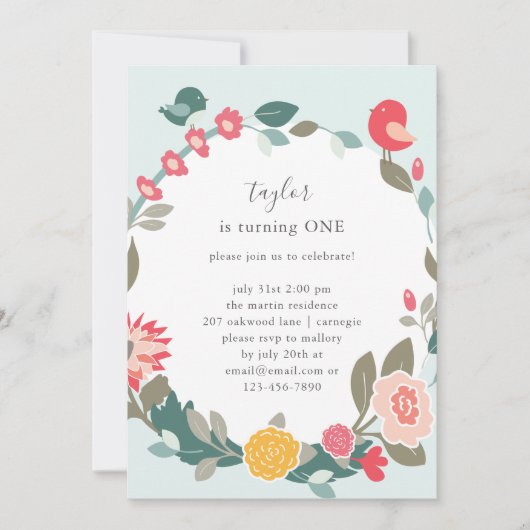 Invitation Jolie couronne et mignons oiseaux fête d'anniversa (Devant)