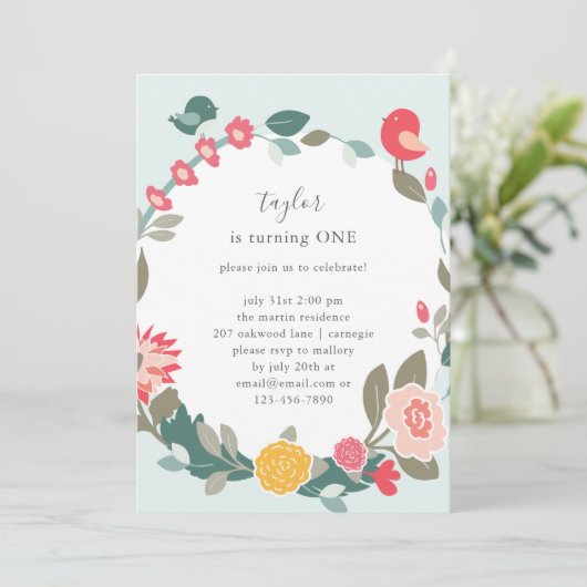 Invitation Jolie couronne et mignons oiseaux fête d'anniversa (Debout devant)