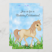 Invitation Jolie Crème Cheval et Fleurs Anniversaire (Devant / Derrière)