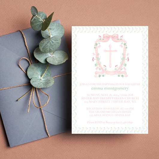 Invitation Jolie crête et croix roses | Baptême floral