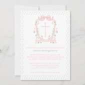 Invitation Jolie crête et croix roses | Baptême floral (Devant)