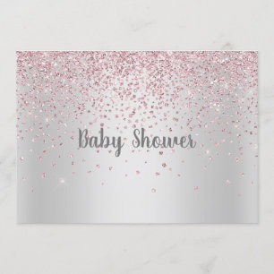 INVITATION JOLIE CRISTAL BABY SHOWER MODERNE EN ARGENT ROSE