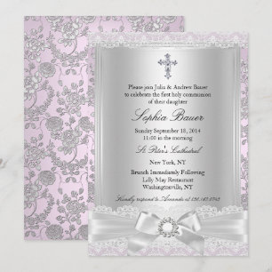 Invitation Jolie Croix à Ruban Première Communion Violet