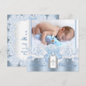 Invitation Jolie croix blanche bébé bleu baptême (Devant / Derrière)