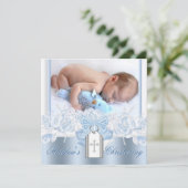 Invitation Jolie croix blanche bébé bleu baptême (Debout devant)
