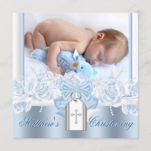 Invitation Jolie croix blanche bébé bleu baptême