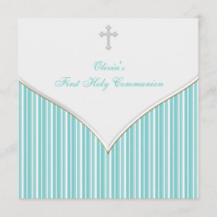 Invitation Jolie croix blanche sarcelle bleue Première commun